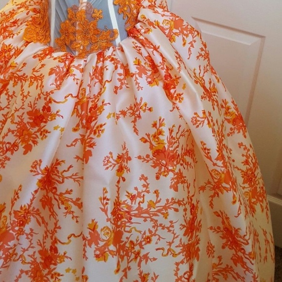 Ivory & Orange Silk Cherry Blossom Lace Ball Gown - Picture 4 of 8